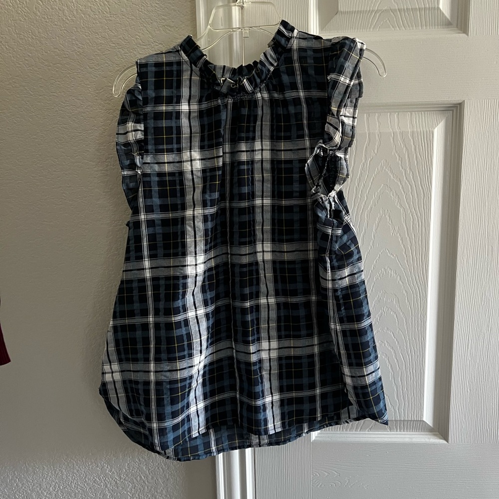 Navy Plaid Ruffle Sleeve Women's Blouse